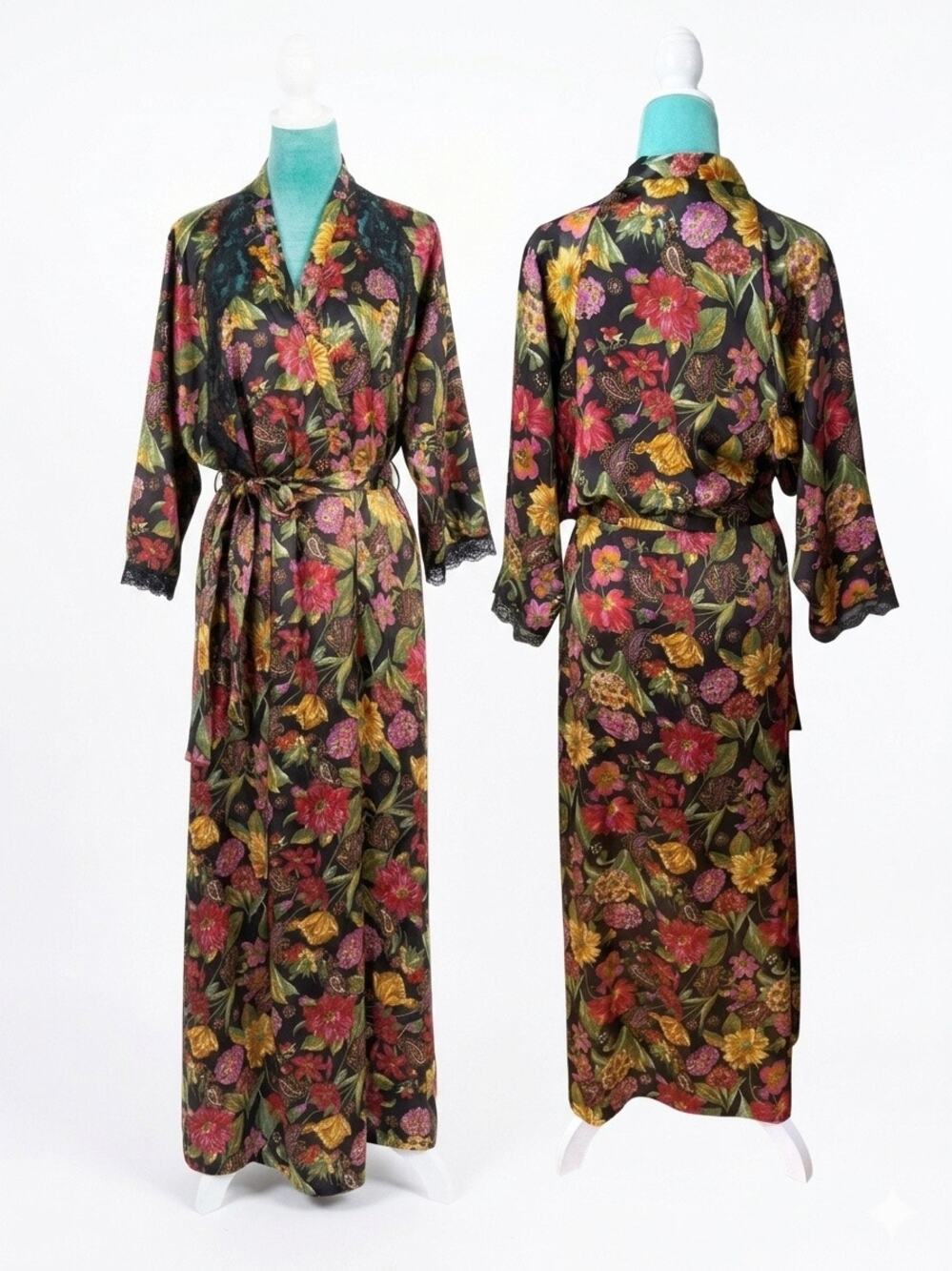 90s Vanity Fair Vintage Whimsigoth Black Floral Satin Slip Dress Nightgown S